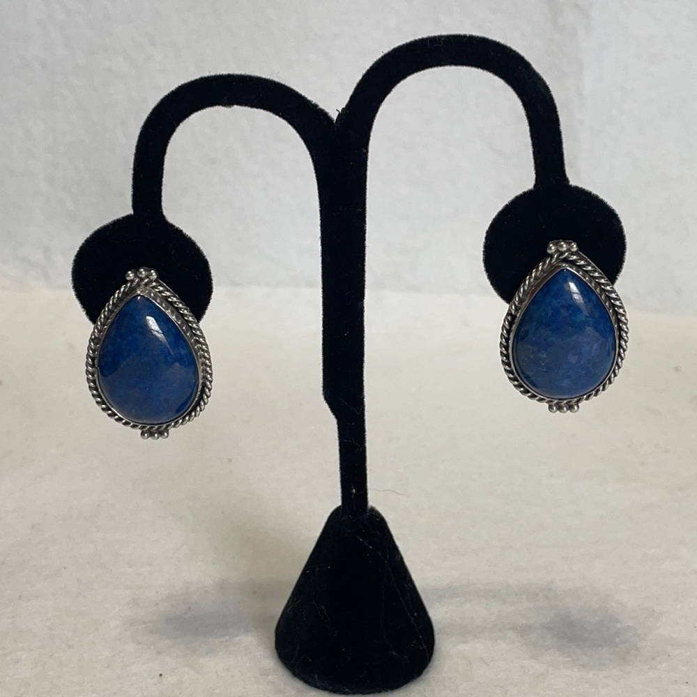 Sterling and Lapis Lazurite oval earrings signed SS. 1.25”